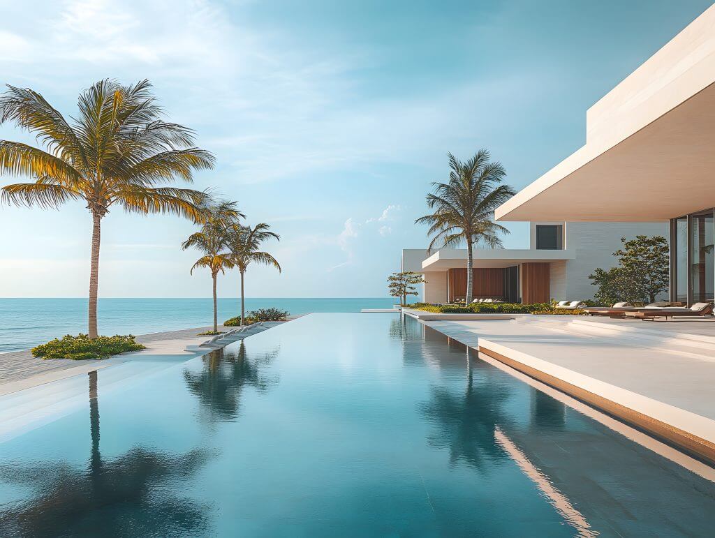 Wide shot of a pool integrated with nature