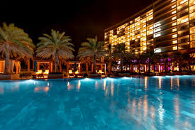 Night view of a beautifully lit pool